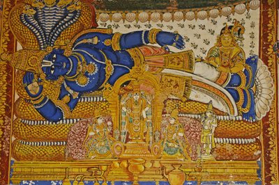 India, Tamil Nadu, Srirangam, Sri Ranganathasvami hinduistiske tempel (opprinnelig 10. århundre), veggmaleri av Vishnu. av Unbekannt