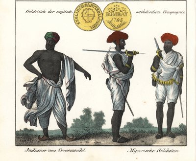 Indiske kostymer: en mann fra Coromandel-kysten og to soldater fra Mysore (eller Maissour). Med en gullmynt fra East India Company. Litografi til boken: «Galerie complete en tableaux fideles des peuples d#39;Asie» av Friedrich Wilhelm Goedsche (178 av Unbekannter Künstler