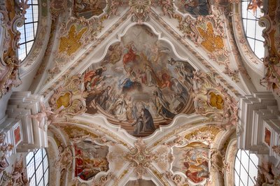 Interiørfotografi av takfreskomalerier, takmaleri, klosterbasilika, klosterkirke, augustinske kanonkloster, Neustift kloster, også kloster, Vahrn nær Brixen, Bressanone, Sør-Tirol, Italia, Europa (bilde) av Unbekannter Künstler