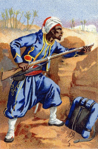 J: Turco. Gravering i "Militæralfabetet". Illustratorens initialer: A. D. Ukjent utgiver. Kromolitografier sent på 1800-tallet. Mål: 10,5x7 cm. av Unbekannt
