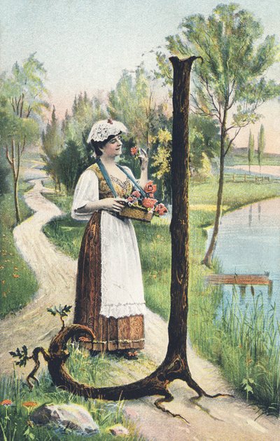 J: En stående kvinne i et langt skjørt, forkle og bodice bærer en kurv med blomster. Landsdekor - Alfabettegn Ref Th. E., L. Theochrom - Serie 994. Theodor Eisman, forlegger, Leipzig av Unbekannt