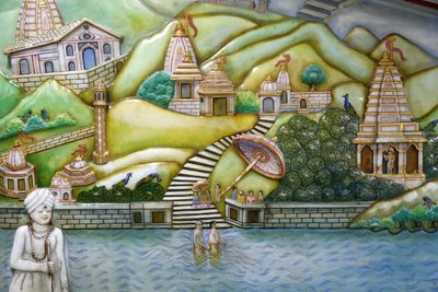 Jalaram Prathna hinduistiske tempel, Leicester. Kunstverk som skildrer Jalarambapas liv. Storbritannia av Unbekannt