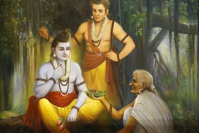 Jalaram Prathna hinduistiske tempel, Leicester. Fresco. Rama møter Shabari som tilbyr mat til Ramacandra. Storbritannia av Unbekannt