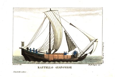 Japansk seilbåt. Illustrasjon av Jean Louis Prevost. Fra Jean François de Galaup, jarl av La Perouse (1741–1788). Journal. Kobberstikk av dell#39;Acqua, håndkolorert av Lazaretti fra Giovanni Battista Sonzognos samling av de mest interessante V. av Unbekannter Künstler