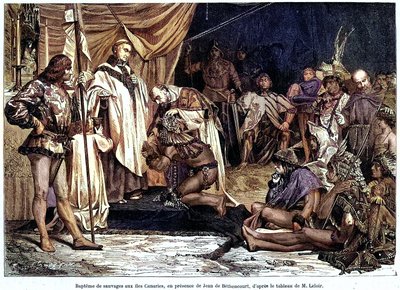 Jean de Bethencourt, normannisk gentleman, baron de Saint Martin le Gaillard, erobret og kristnet Kanariøyene i januar 1405, fra magasinet "Sur terre et sur mer"" nr. 28, 8. januar av Unbekannter Künstler