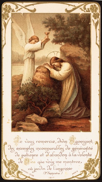 Jesus kneler i bønn i Getsemane hage, en engel presenterer ham en kalk. Tidlig på 1900-tallet (postkort) av Unbekannter Künstler