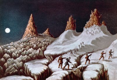John MacGregors bestigning av Mont Blanc, Grands Mulets-rute, illustrasjon fra Narrative of ascent to Mont Blanc, 21. september av William M. Timlin