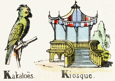 K - Kakatoes Kiosque - Child Entertainment Alphabet ca. 1890 (litografi) av Unbekannt