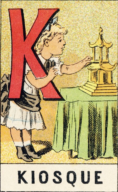 K: Kiosk - Gravering hentet fra ABCD av små jenter. Pellerin & Cie, trykkeri-utgiver, Epinal, rundt 1890. Serie A. Mål: 19 x 13,5 cm. av Unbekannt