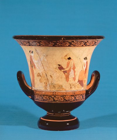 Kalyx krater som viser Hermes som leverer spedbarnet Dionysos til nymfene, etruskisk, ca. 460 f.Kr. (terrakotta) av Unbekannt