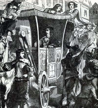 Kong Karl I hyller folkemengden etter det mislykkede forsøket på å arrestere de fem parlamentsmedlemmene John Pym, John Hampden, Denzil Holles, William Strode og Arthur Haselrig 4. januar 1642. 1800-tallet (gravering fra «Verdenshistorie») av Unbekannter Künstler