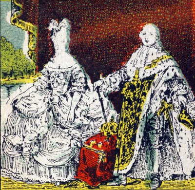 Kong Louis XVI av Frankrike og dronning Marie Antoinette . Gravering i "Histoire de France". Serie med reklamebilder publisert på vegne av Louit, 24 rue d'Eysines-a-Bordeaux, ca. 1920. Total bildestørrelse: 7,8x5,5 cm . av Unbekannt
