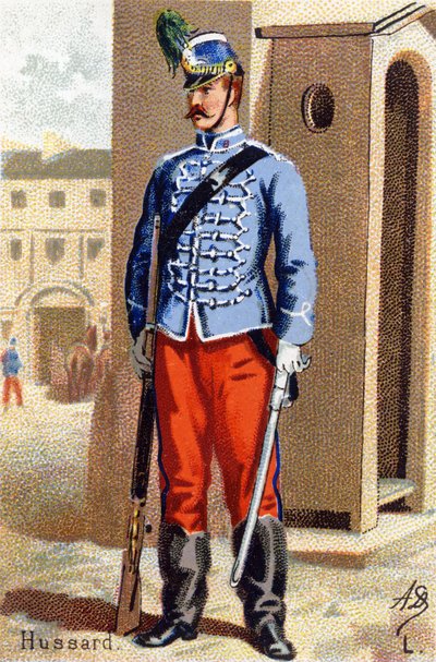 L: Hussard. Gravering i "Militæralfabetet" . Illustratorens initialer: A. D. Ukjent utgiver. Kromolitografier sent på 1800-tallet. Mål: 10,5x7 cm. av Unbekannt