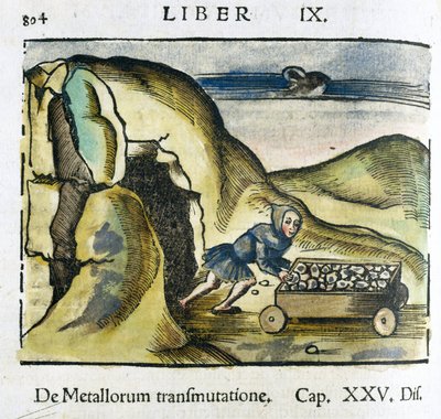 Gruven fra 1500-tallet: en mann dytter en vogn fylt med malm ved inngangen til en gruve av Unbekannt