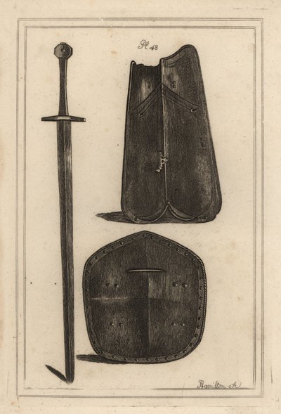 Stor brystplate eller kurass 1, skjold perforert i midten 2 og tohåndssverd som alle tilhørte Guy, Earl of Warwick 3, kobberstikk av J av Unbekannt