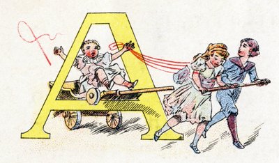 Bokstav A: Hitch Fun. Alfabetet til Phosphatine Falieres. Gravering. Brevete-alfabetet S.G.D.G. av farmasøyt Pierre Emile Falieres. Illustrasjoner i kromolitografi, slutten av 1800-tallet. 16 sider. Mål: 103x154mm av Unbekannt