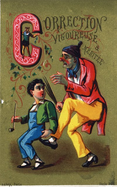 Bokstav C: Sterk og merittert korreksjon. Gravering i "Alphabet des grotesques"". Serie med 25 reklamekromolitografier på en dore bakgrunn, sent på 1800-tallet. Mål: 11x7 cm av Unbekannt