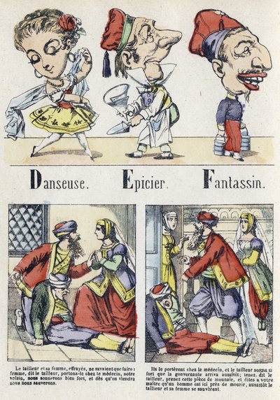 Bokstav D, E og F: danser, kjøpmann og infanteri. Alfabetet til den østlige fortellingen. Bildebehandling av Epinal, ca 1890. Populær serie. Lite hefte på 8 sider. Mål: 205x150mm. Sjablongerte tregraveringer over temaet metiers av Unbekannt