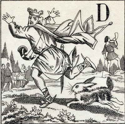 Bokstav D: Kong Dagobert forfulgt av en hare. Gravering i "ABC Les Images en Alphabet". Epinal avbildning. Pellerin og Cie, trykker-utgiver, Epinal, slutten av 1800-tallet, ca. 1890. 10 sider. Mål: 19,5 x 13,5 cm av Unbekannt