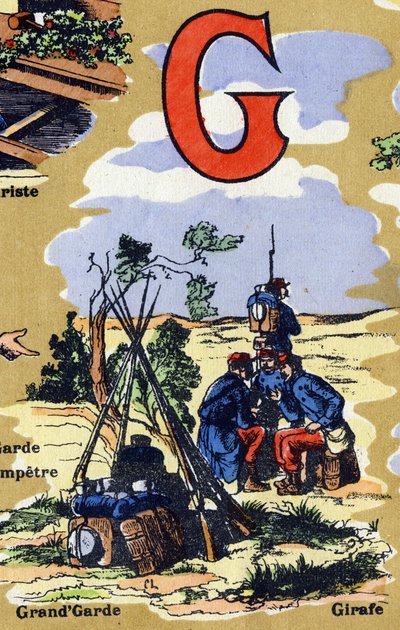 Bokstaven G som hærens store vakt. Iphabet illustrerer. Bilder gjenforent i Jarville-Nancy, tidlig på 1900-tallet. Mål: 40 x 29 cm. Litografi på bistre-bakgrunn av Unbekannt