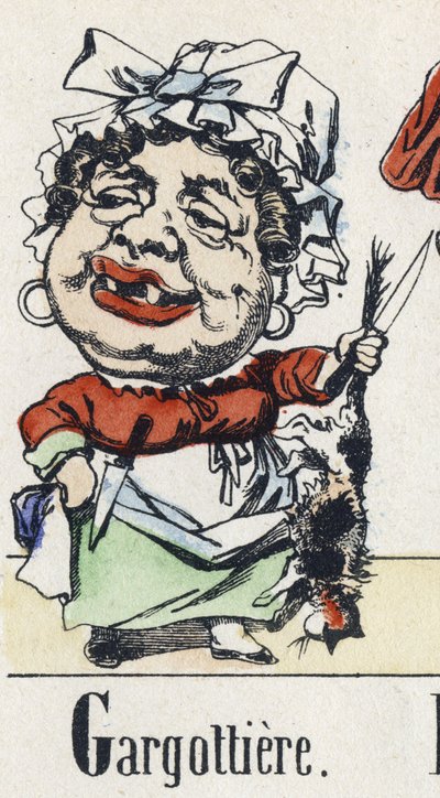 Bokstav G: gargottiere. Alfabetet til den østlige fortellingen. Bildebehandling av Epinal, ca 1890. Populær serie. Lite hefte på 8 sider. Mål: 205x150mm. Sjablongerte tregraveringer over temaet metiers av Unbekannt