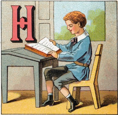 Bokstav H som Frankrikes historie. Gravering i "Alphabet des petits ecoliers". Avbildning av Epinal, ca. 1885. Privee Collection av Unbekannt