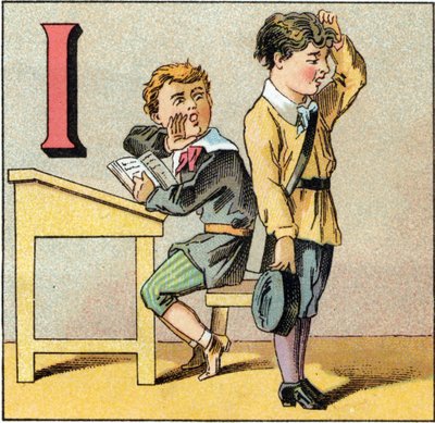 Bokstav I som uvitenhet. En student stiller spørsmål har glemt forelesningen sin og gjentar det en av kameratene hans blåser. Gravering i "Alphabet des petits ecoliers". Avbildning av Epinal, ca. 1885. Privee Collection av Unbekannt