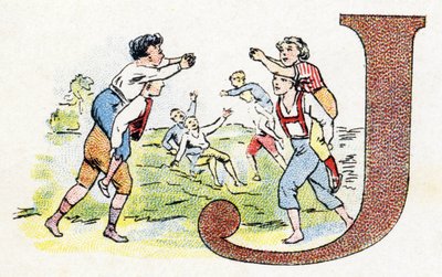 Bokstav J: Spill. Alfabetet til Phosphatine Falieres. Gravering. Brevete-alfabetet S.G.D.G. av farmasøyt Pierre Emile Falieres. Illustrasjoner i kromolitografi, slutten av 1800-tallet. 16 sider. Mål: 103x154mm av Unbekannt