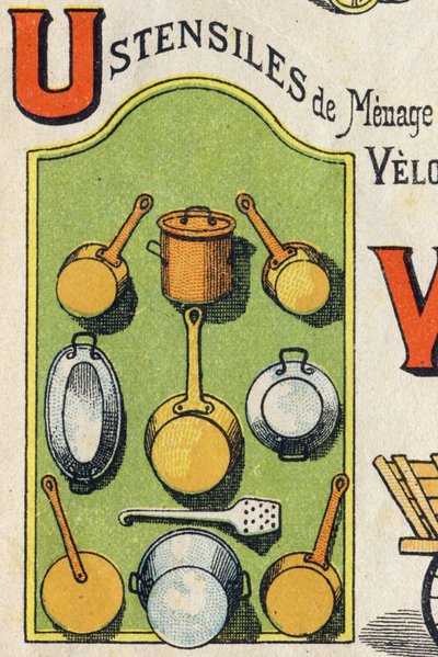Bokstaven U. Cocote, komfyr, ekorn, kasserolle... Gravering i "ABC Toys". Epinal avbildning i kromolitografi, ca 1890. Lite hefte på 8 sider. Mål: 195x135mm, beregnet for å motta en annonse i 4. omslag. Brukes hjemme, den tilbyr en strålende ab av Unbekannt