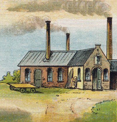 Bokstav U: Fabrikk. Gravering i "Alphabet de ma petite fille". Bernardin-Bechet og Fils, bokhandler-forlag, Paris, rundt 1895. Ubrytelig album på lerret. Bibliotheque des Bebes. 12 sider. Album som inneholder en lesemetode og en illustrativ abeced av Unbekannt