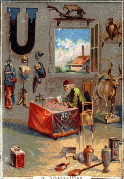 Bokstaven U: uniformer; urne; urus; urubu; lån skarpere; redskaper; fabrikk. Alfabet . I hvert bilde er det en rekke berømte ord hvis representasjoner er iscenesatt. Chromolithography of Parisian Lithography, circa 1890. Dim: 10,7x7,5cm . av Unbekannt