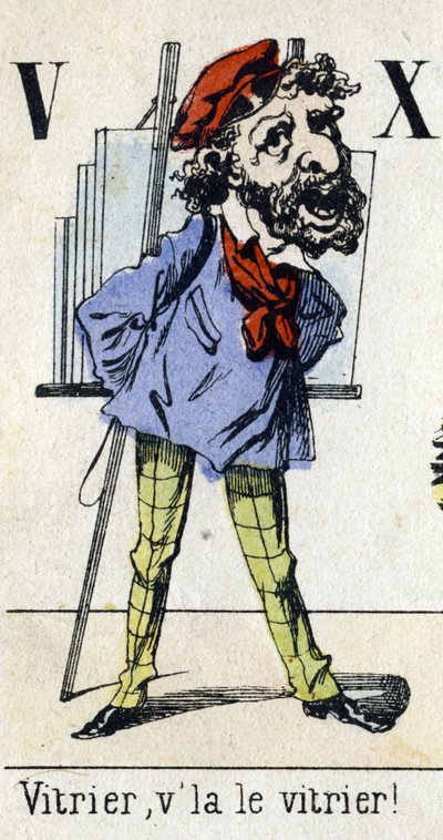 Bokstav V og X: "Glasmester, glassmesteren!" Alfabetet "Barnas moro". Bilde av Epinal, ca. 1890. Populær serie. Lite hefte på 8 sider. Sjablongerte tregraveringer med temaet små gatemetier og Paris rop av Unbekannt