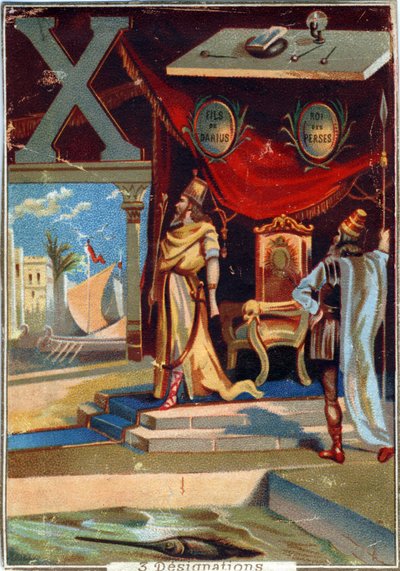 Bokstav X: Xerxes I ; xylografi; xiphias . Alfabet . I hvert bilde er det en rekke berømte ord hvis representasjoner er iscenesatt. Chromolithography of Parisian Lithography, circa 1890. Dim: 10,7x7,5cm . av Unbekannt