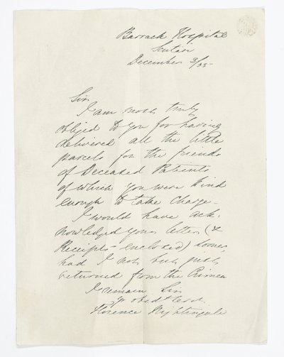 Brev skrevet av Florence Nightingale, mens han var på Barrack Hospital, Scutari (blekk på papir) av Unbekannt