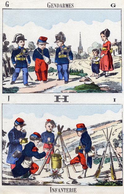 Bokstaver GHI: Gendarmer og infanteri. Gravering i "Barnas militæralfabet"". Bilder av Pont-a-Mousson, ca 1890. 20 sider. Sol: 28,5x21cm av Unbekannt