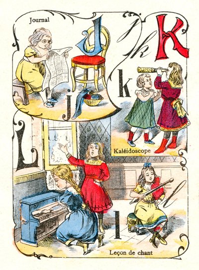 Bokstavene J K og L som journal, kaleidoskop og sanglekon. Gravering i "Fun Alphabet". Avbildning av Pont-a-Mousson. Trykking og publisering av Louis Vagne, slutten av 1800-tallet av Unbekannt