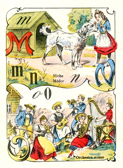 Bokstavene M N og O som Medor, Niche og Swiss Orchestra. Gravering i "Fun Alphabet". Avbildning av Pont-a-Mousson. Trykking og publisering av Louis Vagne, slutten av 1800-tallet av Unbekannt