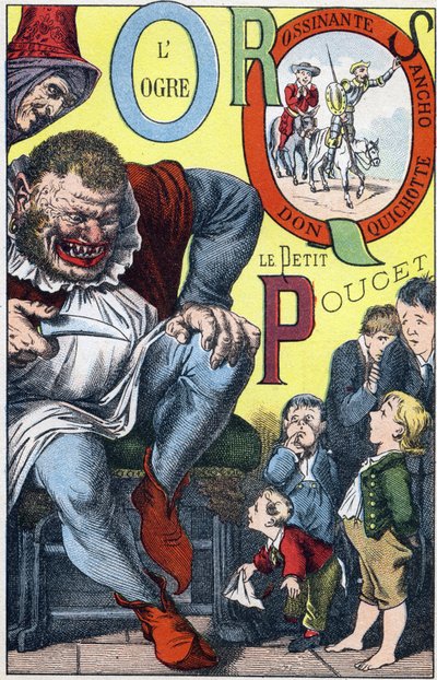 Bokstaver: OPQRS - L'Ogre et le Peucet, Don Quixote, Rossinante og Sancho - Gravering i "ABC Les Images en Alphabet" - Imaging d'Epinal - Pellerin og Cie, skriver-utgiver, Epinal, slutten av 1800-tallet, ca. 1890 - 10 sider - Størrelse: 1 av Unbekannt