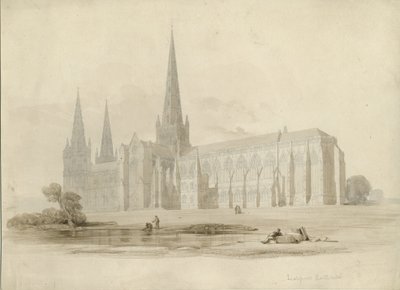 Lichfield Cathedral - South East View: tegning og vask, nd [?19th cent] av Unbekannt