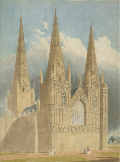 Lichfield Cathedral - West Front: akvarellmaleri, og [c 1840] av Unbekannt