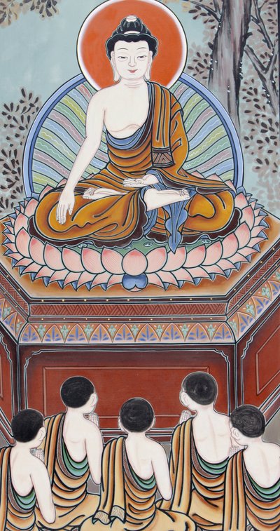 Buddhas liv Som en Buddha, en vekket en, vendte han tilbake for å lære sine fem medutøvere den edle sannheten om utilfredsstillelse, den edle sannheten om årsaken (trang), den edle sannheten om opphør og den edle 8-foldige veien som fører til opphøret av Unbekannt