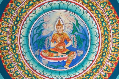 Buddhas liv. Takkunst som viser Buddhas liv. Wat Inpeng. Ventiane. Laos, 20151029, Vientiane, Laos av Unbekannt