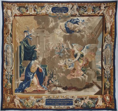 Jomfruens liv: "Bebudelsen"" Vi ser Gud og Den Hellige Ånds (Hellige Ånds) due over scenen - Ull- og silketeppe laget i verkstedet til Pierre Damour fra Charles Poersons tegninger (1609-1667) av Unbekannt