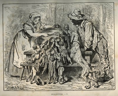 Lille Poulet og hans sultne brødre. Gravering av Gustave Dore (1832-1883) fra "" Les contes"" av Charles Perrault (1628-1703) av Unbekannt