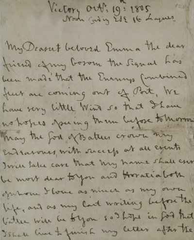 Lord Nelsons (1758-1805) siste brev til Emma Hamilton, skrevet fra "Seieren" før slaget ved Trafalgar av Unbekannt