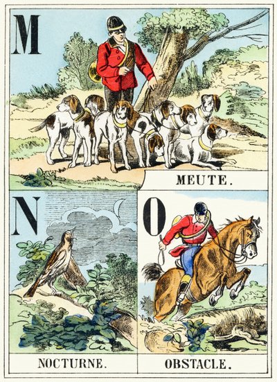 M N O : Meute, Nocturne, Hindring - Jaktalfabetet, ca. 1890 (gravering) av Unbekannt