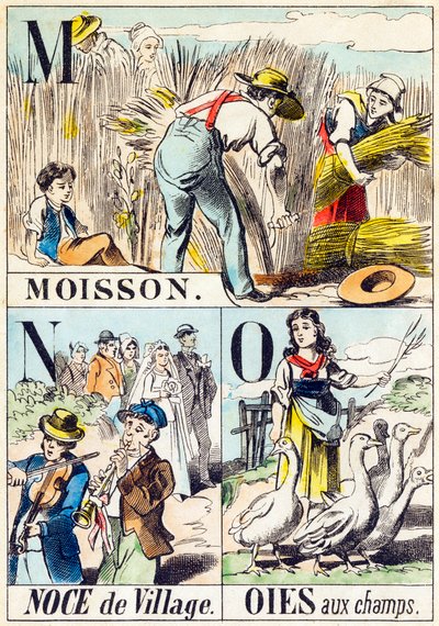 M N O : Moisson, Noce de village, Oies aux champs - "Alphabet of the farm" slutten av 1800-tallet (gravering) av Unbekannt