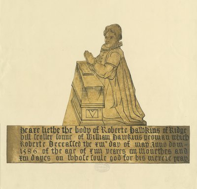 Madeley Church - Monument til Robert Hawkins: vannfarge og blekkmaleri, nd [?19. århundre] av Unbekannt