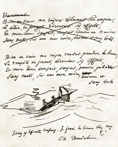 Manuskript av Charles Baudelaire, illustrert med en tegning av en båt av Unbekannter Künstler