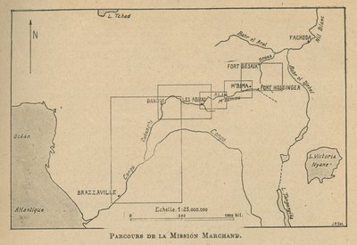 Kart som viser ruten til Marchand-misjonen i 1898 (litho) av Unbekannt